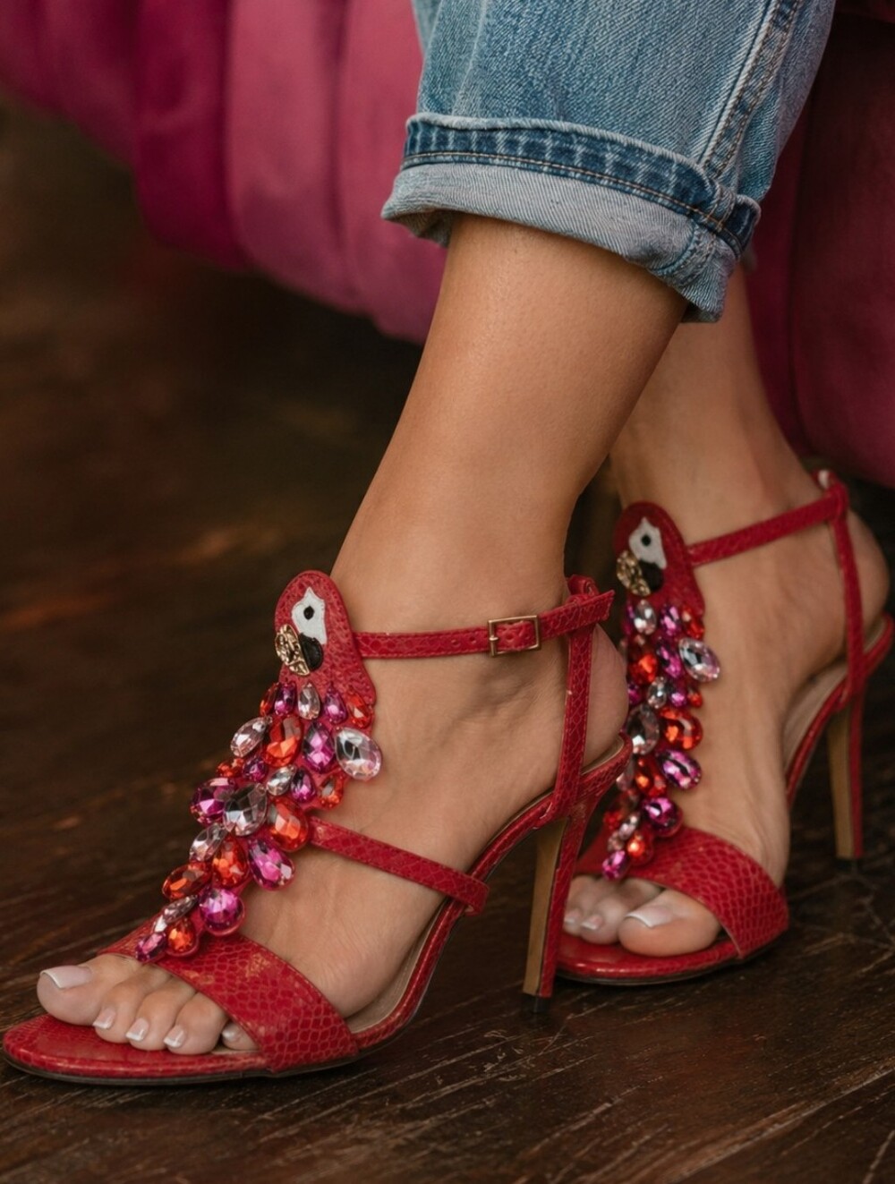 Kate Spade Idalou Stiletto Heels 10 B Red Pink Bejeweled Glitter Parrot Strappy